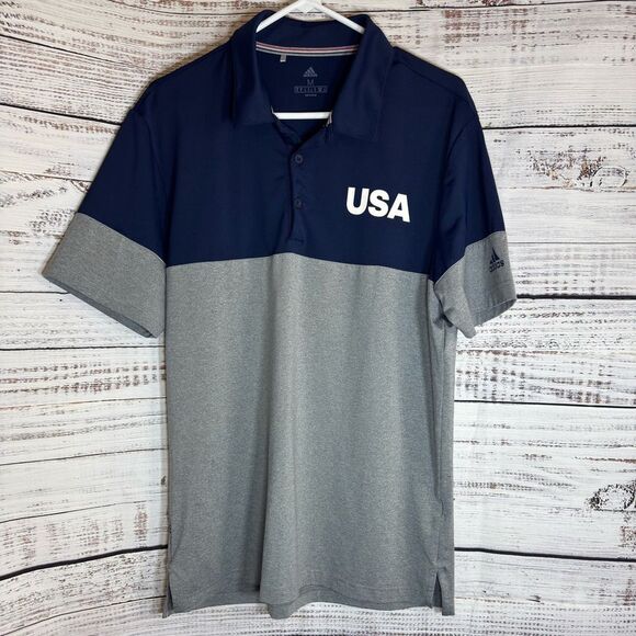 Adidas Polo Mens Size Medium USA Golf All Day 2.0 Colorblock Polo Navy Gray - Picture 2 of 10